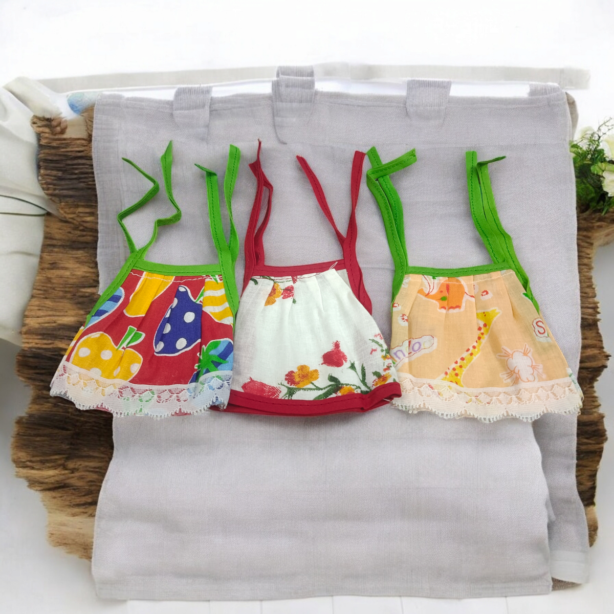 A set of 3 Laddu Gopal Jhabla dresses designed for 2-3 No. size Laddu Gopal idols, made from soft cotton fabric