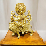 A set of three beautifully handcrafted brass idols representing Maa Durga, Sherwali Mata, and Maa Vaishno Devi, each symbolizing divine power and blessings.