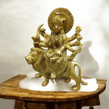 A set of three beautifully handcrafted brass idols representing Maa Durga, Sherwali Mata, and Maa Vaishno Devi, each symbolizing divine power and blessings.