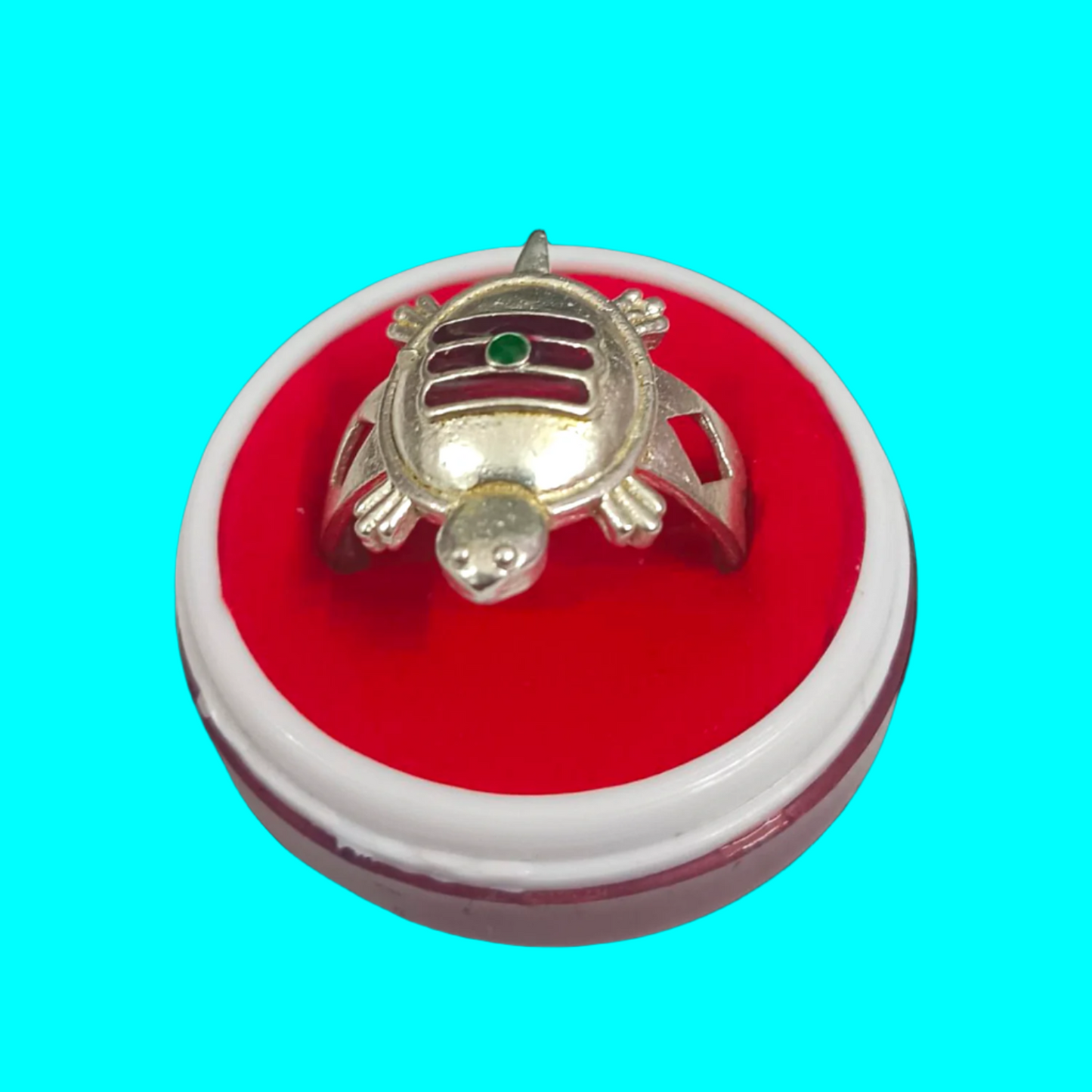 A silver-plated Tripund Kachua Ring, with a detailed Tripund symbol, designed for spiritual protection and strength