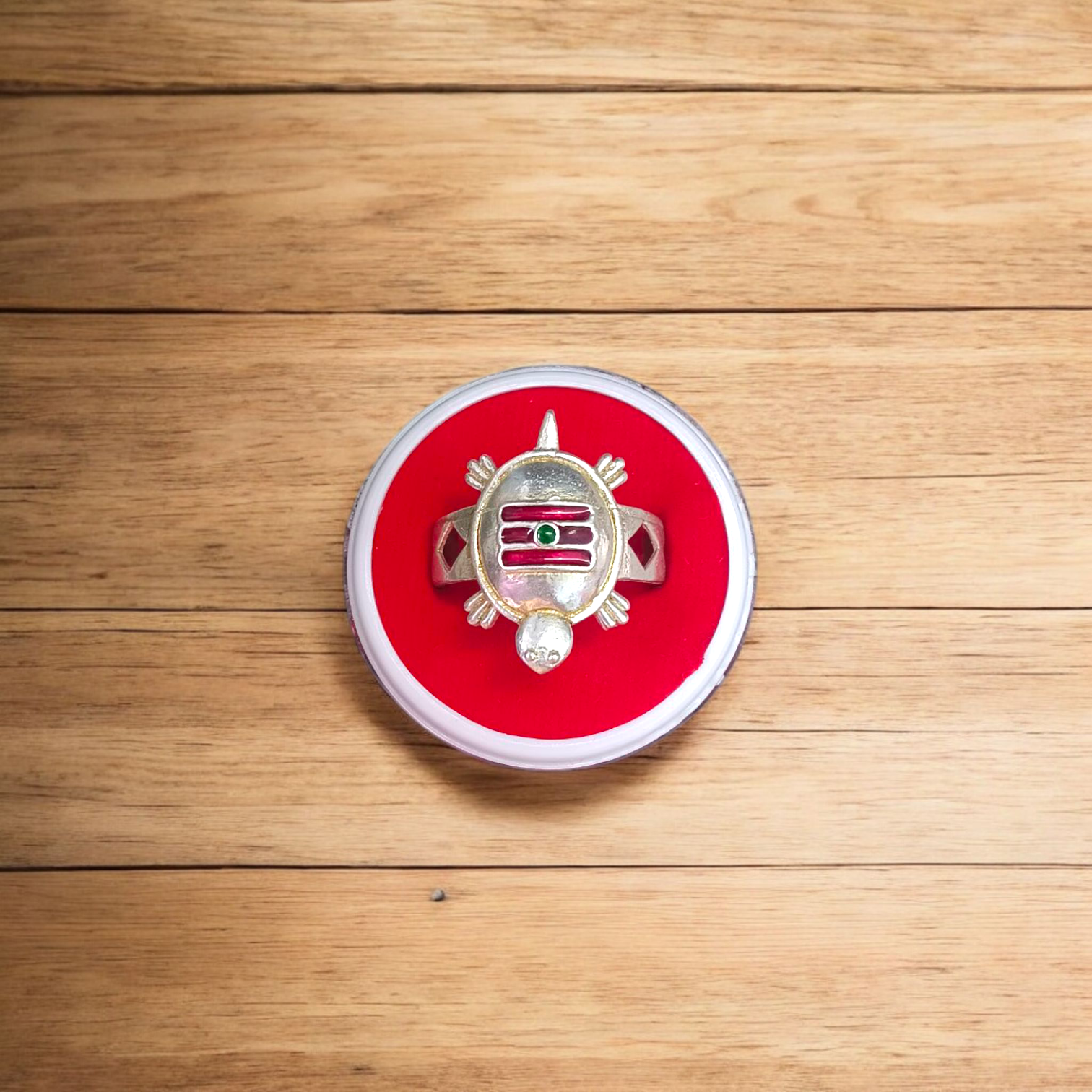 A silver-plated Tripund Kachua Ring, with a detailed Tripund symbol, designed for spiritual protection and strength