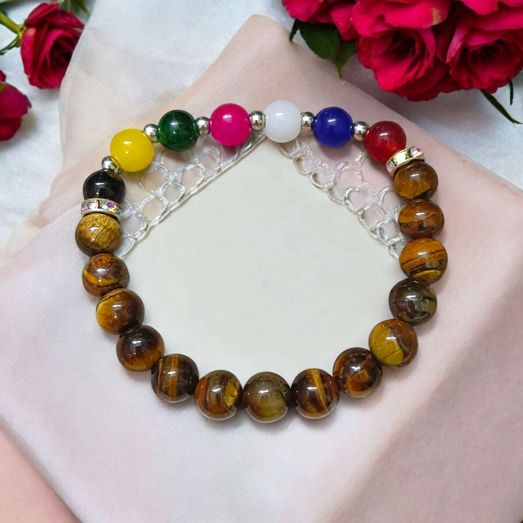 A stretchable bracelet made with 7 types of agate stones (Hakik) and natural Tiger Eye beads, featuring 8mm polished stones—perfect for protection, focus, and healing