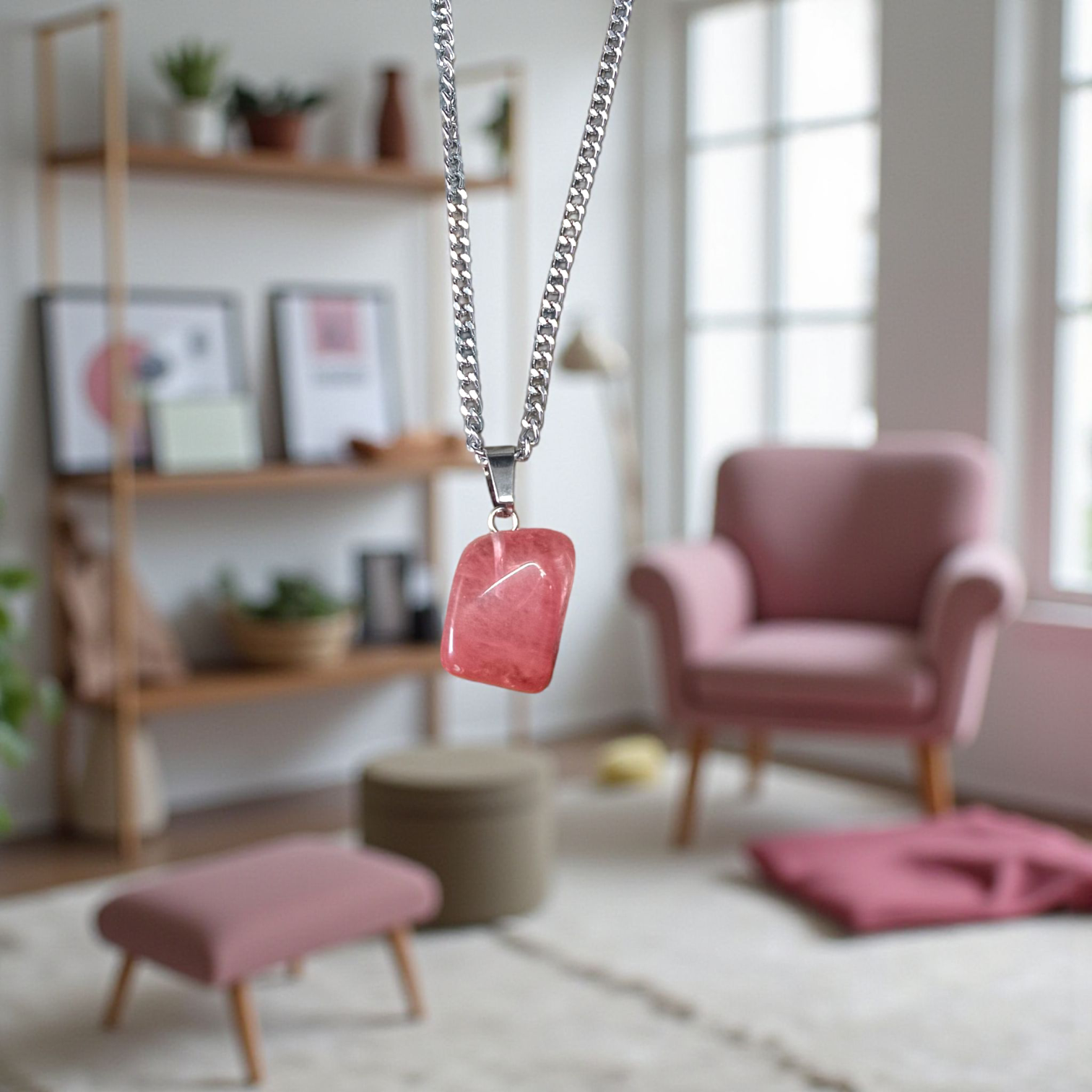 A stunning Rose Quartz Tumble Stone Pendant, lab-certified for authenticity, symbolizing love, healing, and positive energy