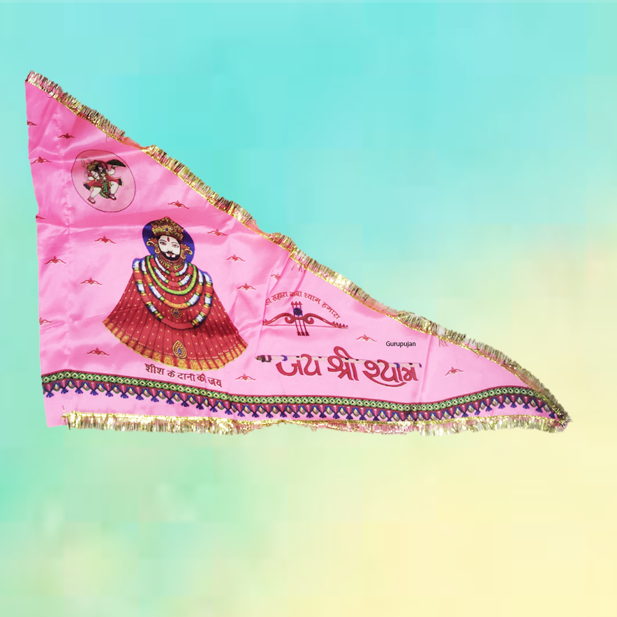 A vibrant Khatu Shyam Ji Triangle Flag in pink color, measuring 30x40 inches, symbolizing Lord Shyam Baba's divine protection and blessings