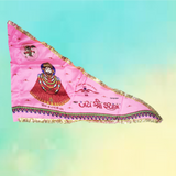 A vibrant Khatu Shyam Ji Triangle Flag in pink color, measuring 30x40 inches, symbolizing Lord Shyam Baba's divine protection and blessings