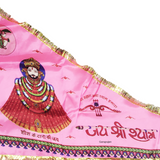 A vibrant Khatu Shyam Ji Triangle Flag in pink color, measuring 30x40 inches, symbolizing Lord Shyam Baba's divine protection and blessings
