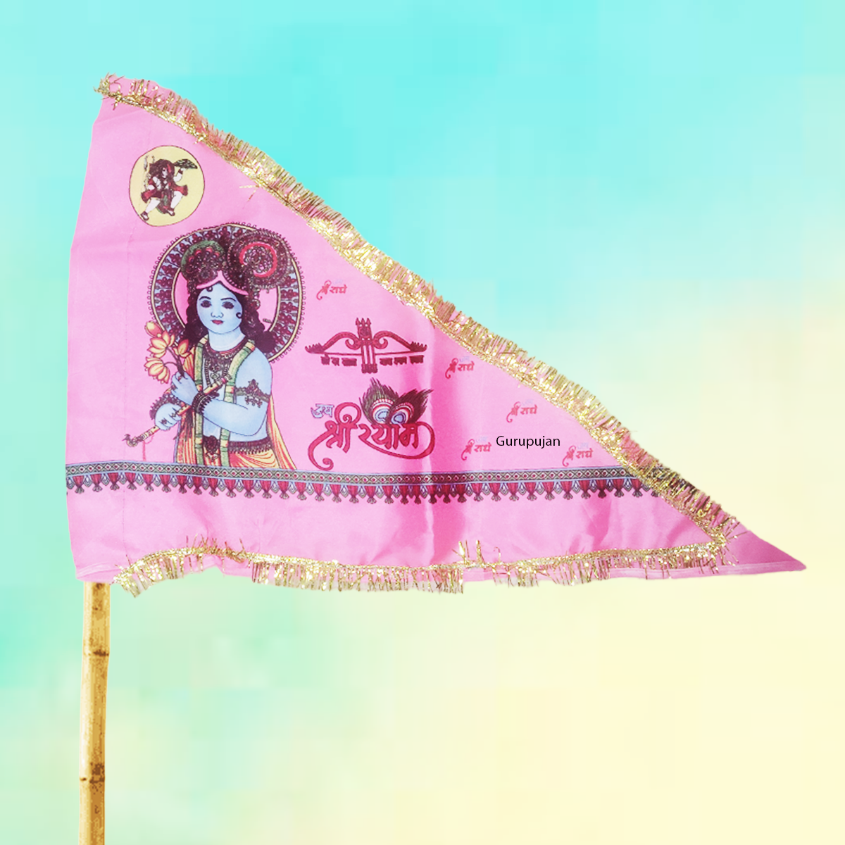 A vibrant Khatu Shyam Ji Triangle Flag in pink color, measuring 30x40 inches, symbolizing Lord Shyam Baba's divine protection and blessings