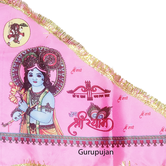 A vibrant Khatu Shyam Ji Triangle Flag in pink color, measuring 30x40 inches, symbolizing Lord Shyam Baba's divine protection and blessings
