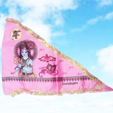 A vibrant Khatu Shyam Ji Triangle Flag in pink color, measuring 30x40 inches, symbolizing Lord Shyam Baba's divine protection and blessings
