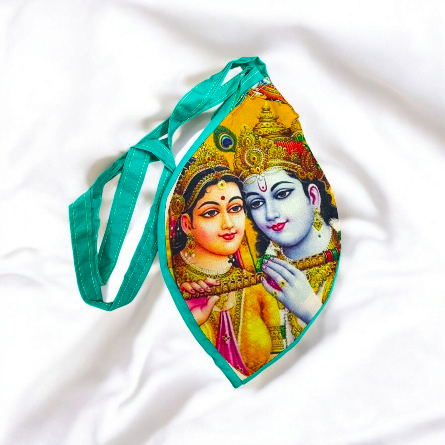 A vibrant Radha Krishna Gomukhi Bag with a colorful digital print, perfect for storing Japa Mala beads or as a devotional accessory.