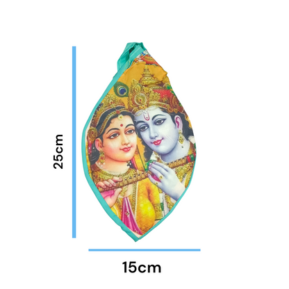 A vibrant Radha Krishna Gomukhi Bag with a colorful digital print, perfect for storing Japa Mala beads or as a devotional accessory.