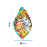 A vibrant Radha Krishna Gomukhi Bag with a colorful digital print, perfect for storing Japa Mala beads or as a devotional accessory.