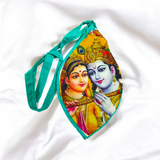 A vibrant Radha Krishna Gomukhi Bag with a colorful digital print, perfect for storing Japa Mala beads or as a devotional accessory.