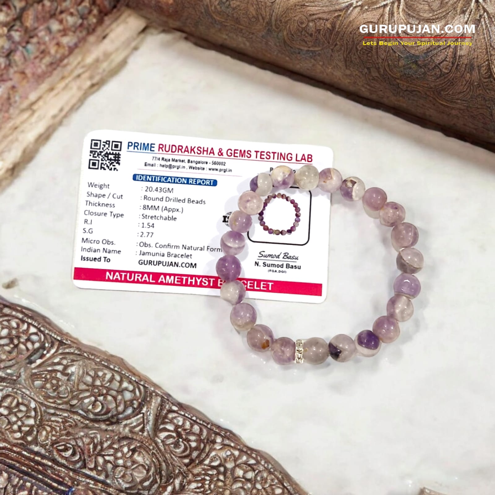 Amethyst Bracelet featuring smooth, 8MM natural Amethyst beads, stretchable design with certificate, promoting peace and emotional healing.