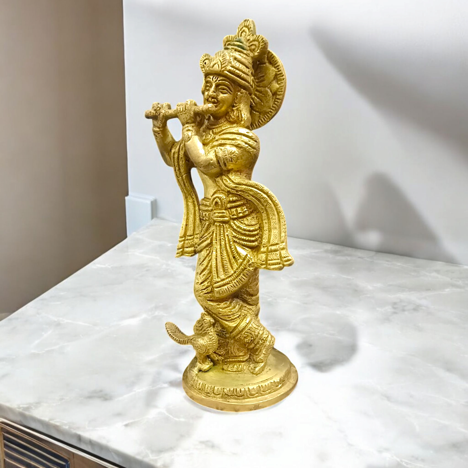 An elegant Brass Krishna Ji Murti, intricately designed, symbolizing devotion, love, and spiritual wisdom.