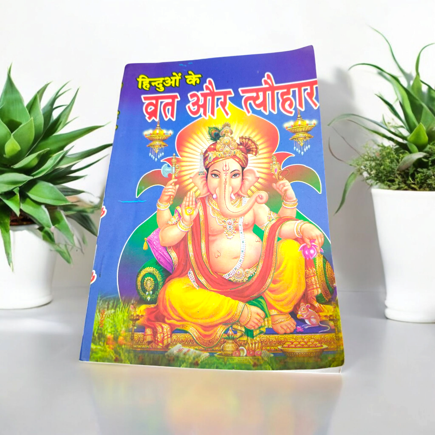 An image of the Hinduon ke Vrat Aur Tyohar guidebook, featuring Hindu gods and symbols associated with fasting and festivals.