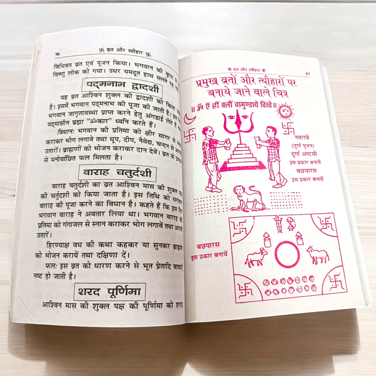 An image of the Hinduon ke Vrat Aur Tyohar guidebook, featuring Hindu gods and symbols associated with fasting and festivals.