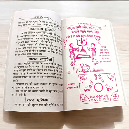 An image of the Hinduon ke Vrat Aur Tyohar guidebook, featuring Hindu gods and symbols associated with fasting and festivals.