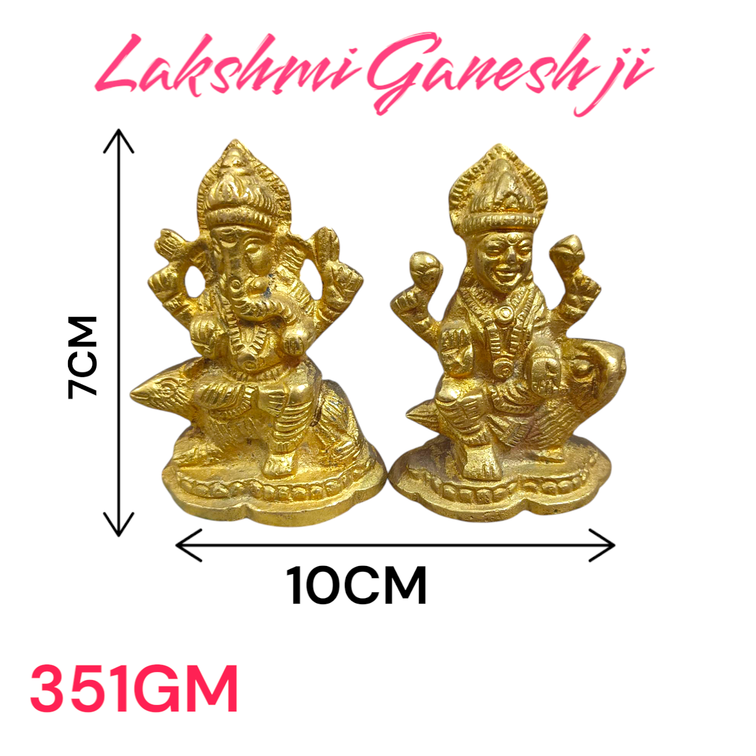 An intricately designed Lakshmi and Ganesh idol in brass, 100% gold plated, showcasing detailed craftsmanship. Perfect for puja or home decoration.

