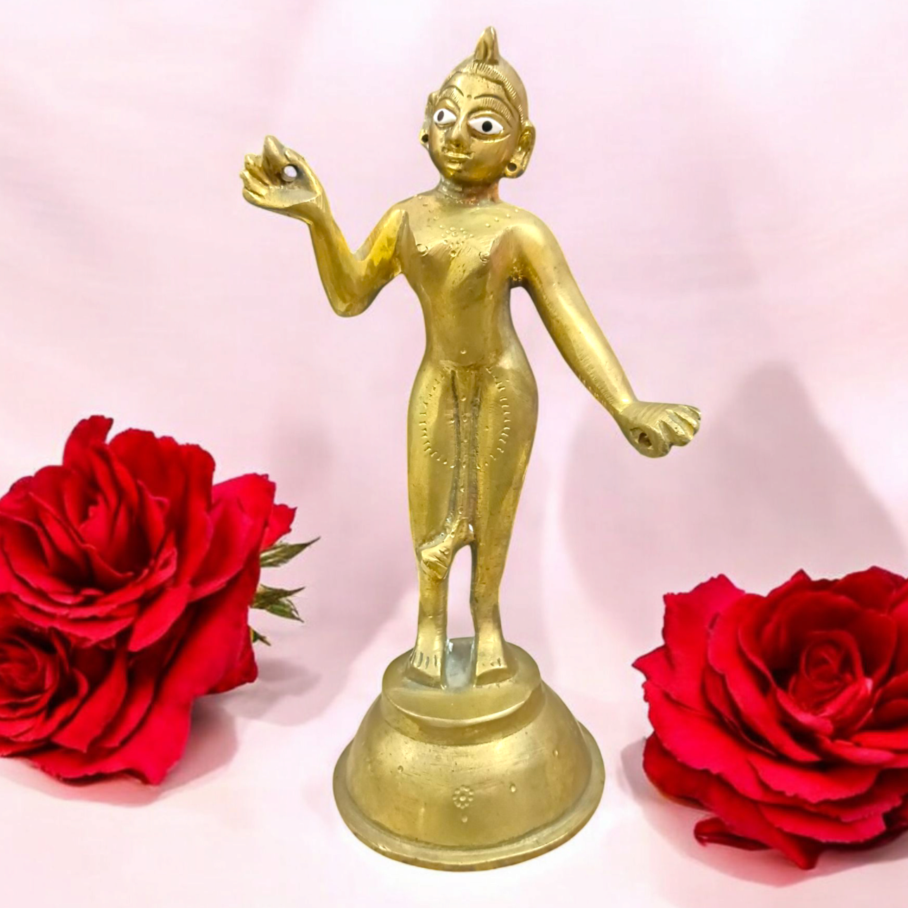 An intricately designed brass statue of Goddess Radha Rani, symbolizing divine love, purity, and devotion, perfect for worship or as a decorative piece.

