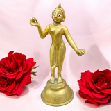 An intricately designed brass statue of Goddess Radha Rani, symbolizing divine love, purity, and devotion, perfect for worship or as a decorative piece.

