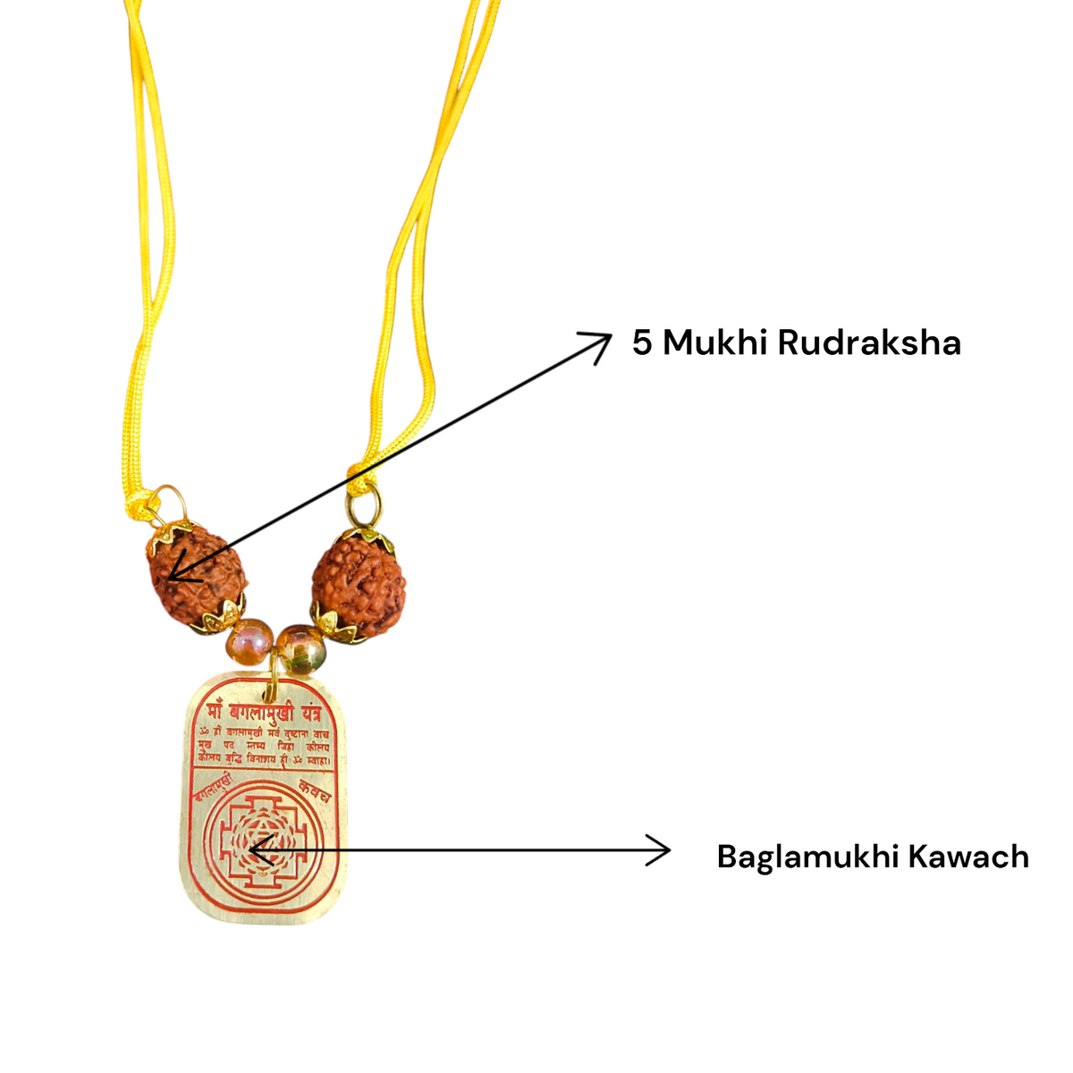 Baglamukhi Kawach Pendant on yellow thread, protection amulet for overcoming obstacles and shielding from negative energies.