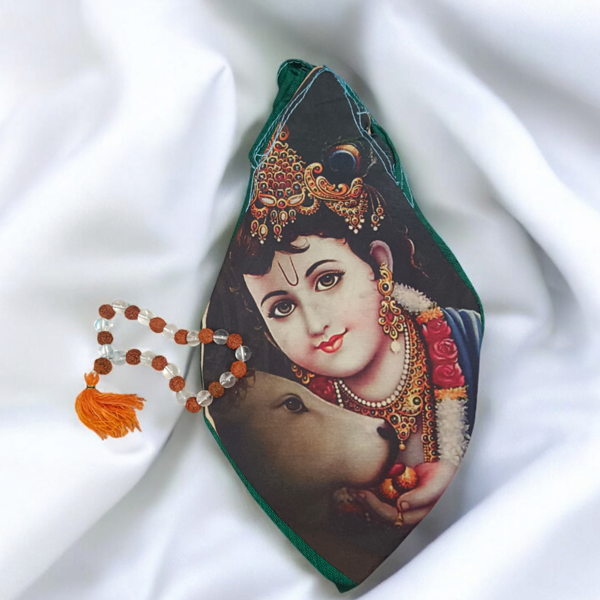 Bal Gopal Gomukhi cotton bag for storing Japa Mala beads, designed for spiritual protection and purity.