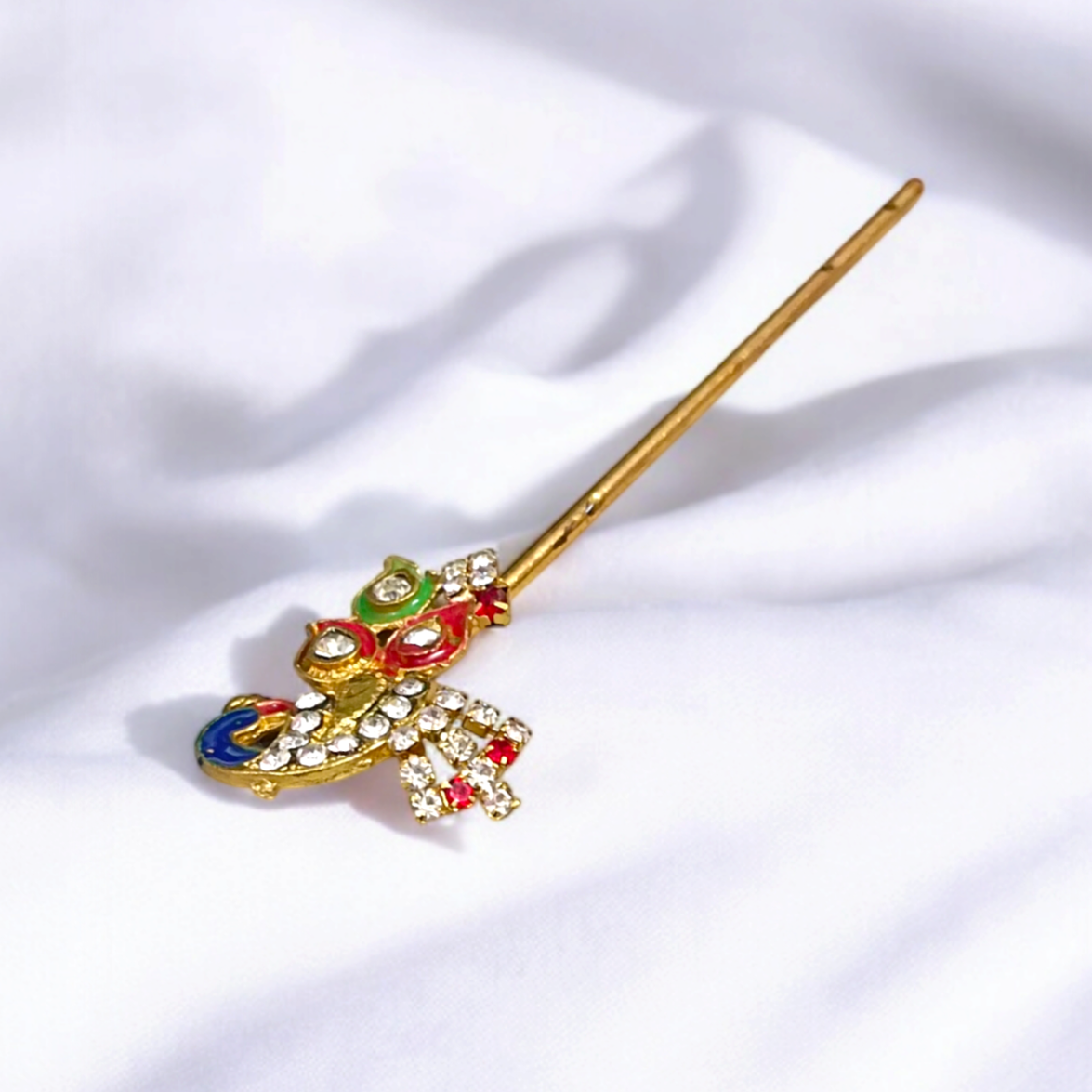 Beautiful Laddu Gopal Bansuri with peacock design and zircon embellishments, extra-large size for Krishna idol.
