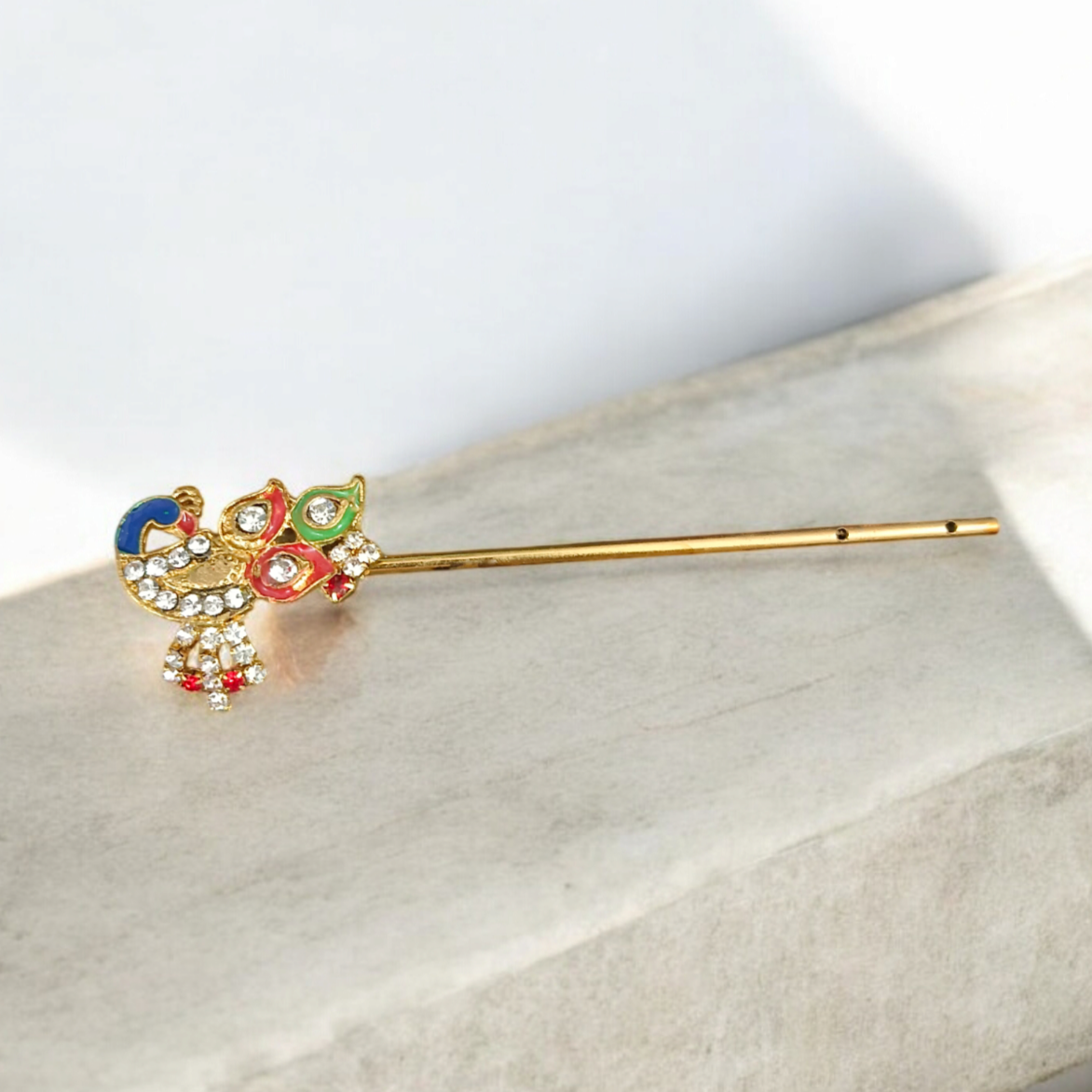 Beautiful Laddu Gopal Bansuri with peacock design and zircon embellishments, extra-large size for Krishna idol.