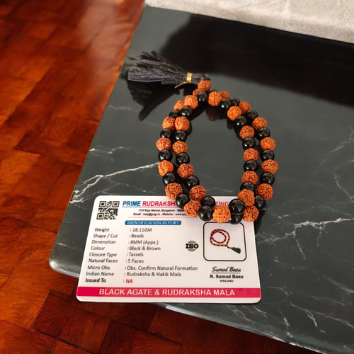 Black Agate & Rudraksha Mala – 54+1 Beads Jaap Mala – Lab Certified