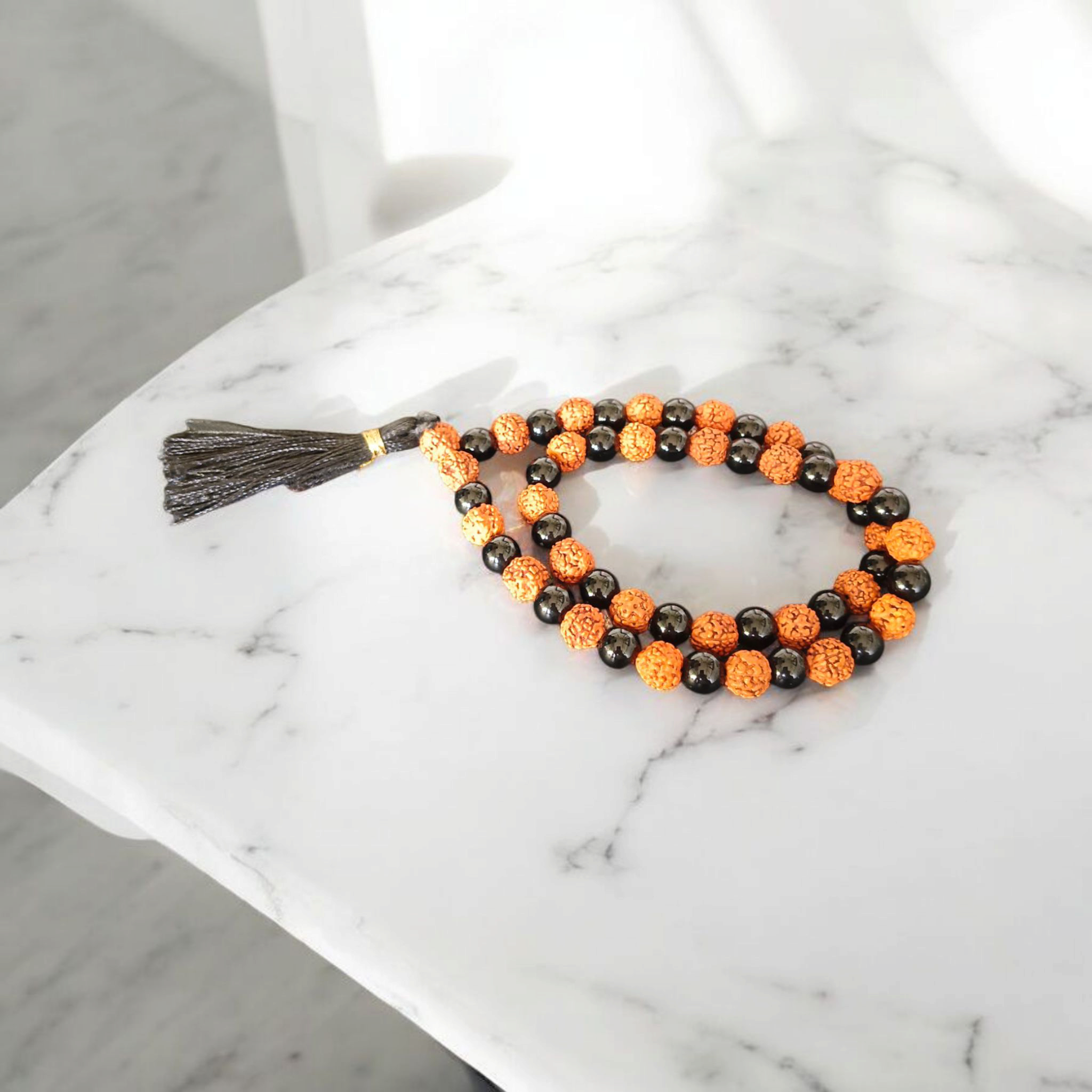 Black Agate & Rudraksha Mala - 54 + 1 Beads Jaap Mala - Lab Certified