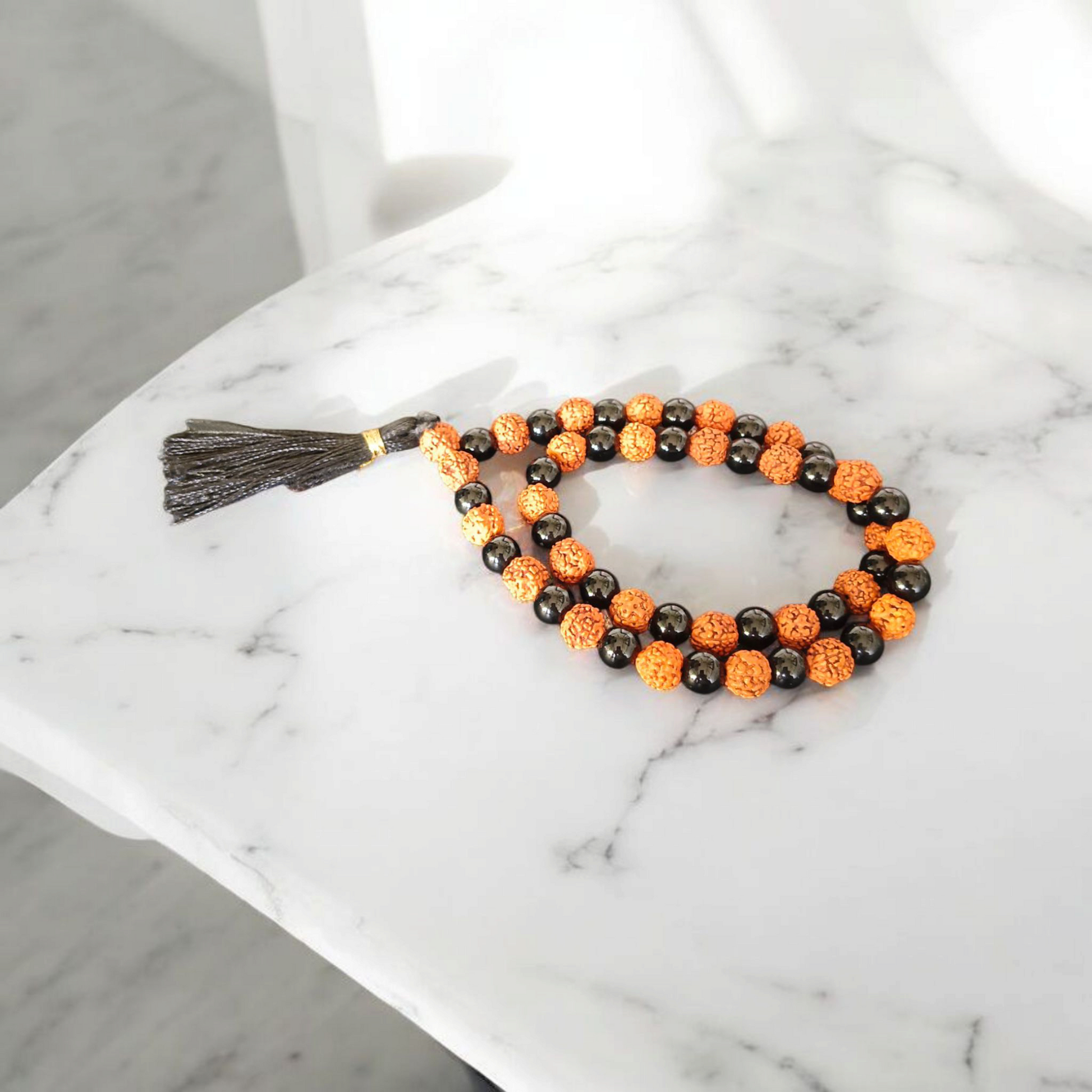 Black Agate & Rudraksha Mala - 54 + 1 Beads Jaap Mala - Lab Certified