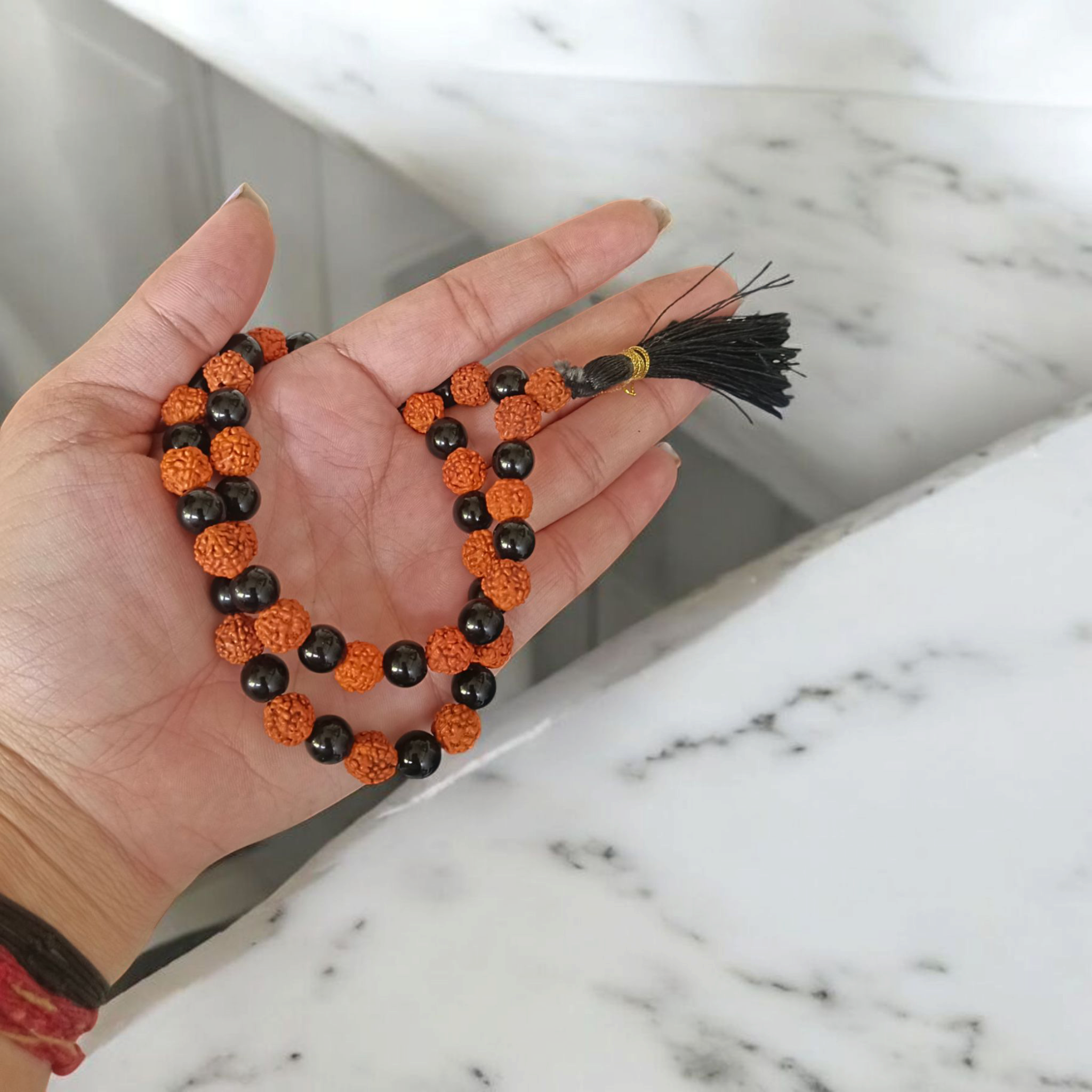 Black Agate & Rudraksha Mala - 54 + 1 Beads Jaap Mala - Lab Certified