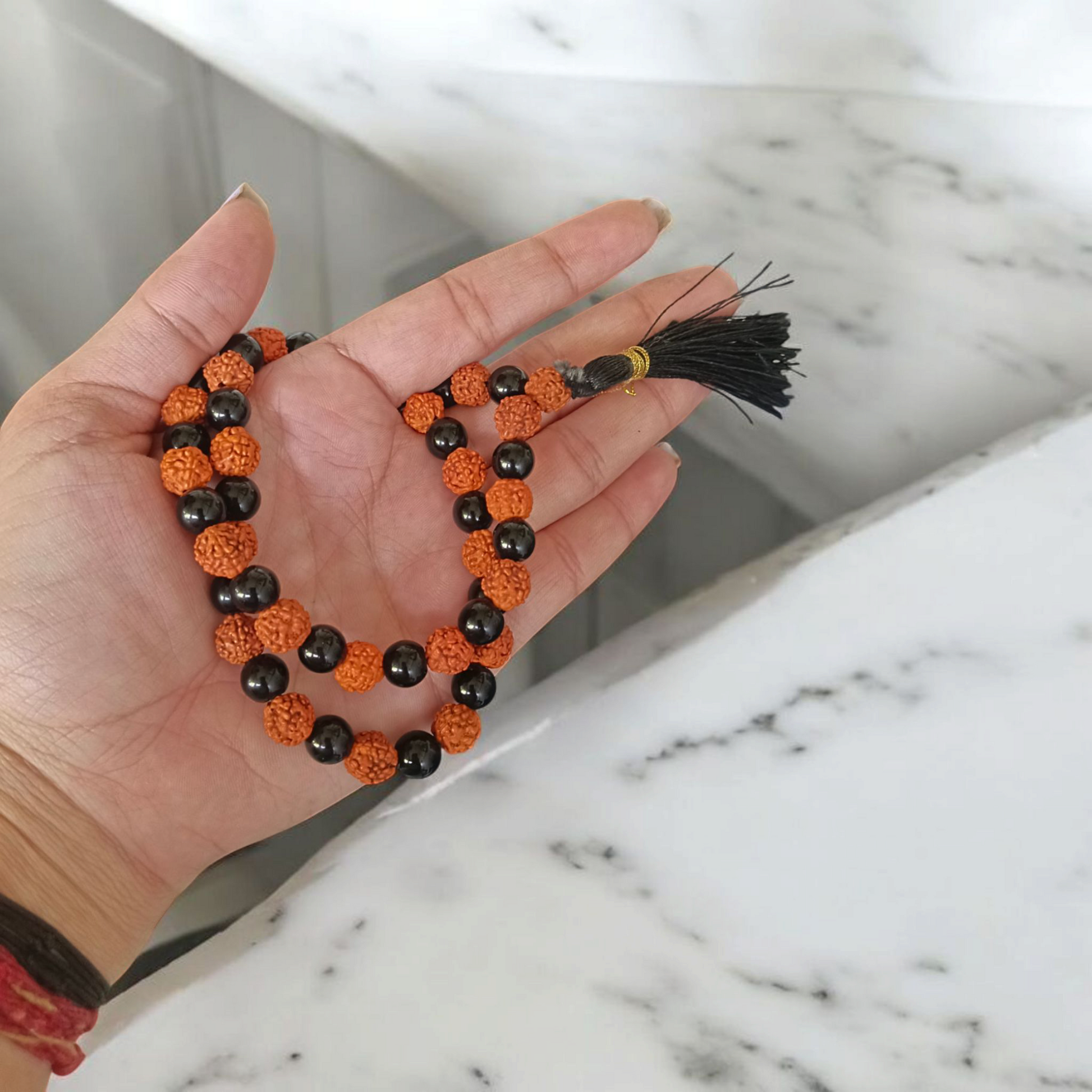 Black Agate & Rudraksha Mala - 54 + 1 Beads Jaap Mala - Lab Certified