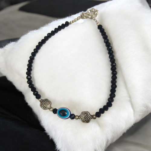 Black Crystal Beads Anklet With Evil Eye Symbol | Unisex Spiritual Protection