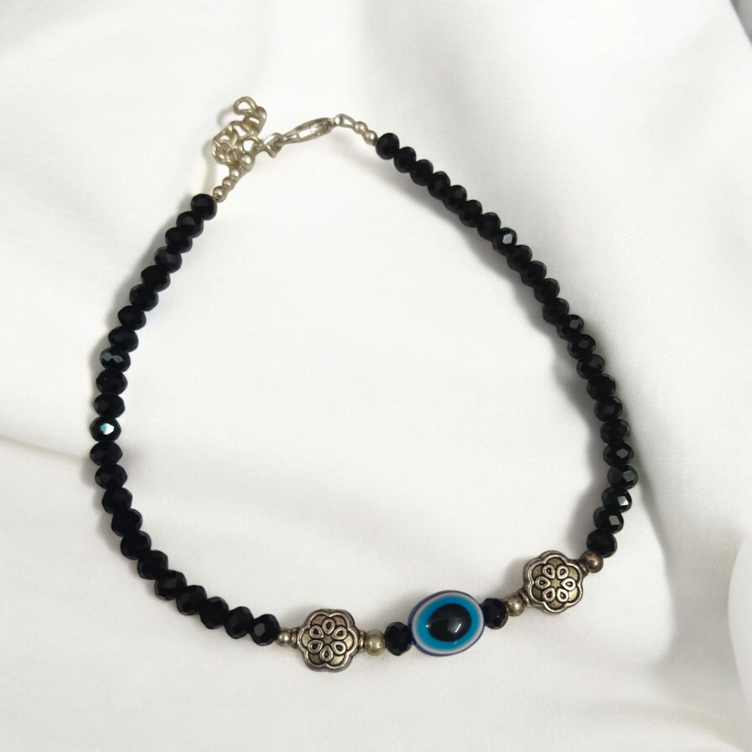 Black Crystal Beads Anklet with Evil Eye Symbol for Unisex