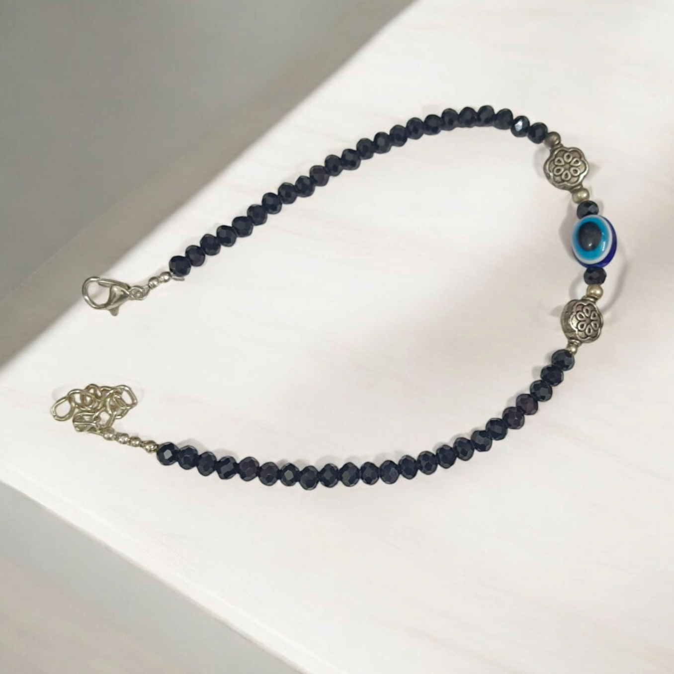 Black Crystal Beads Anklet with Evil Eye Symbol for Unisex