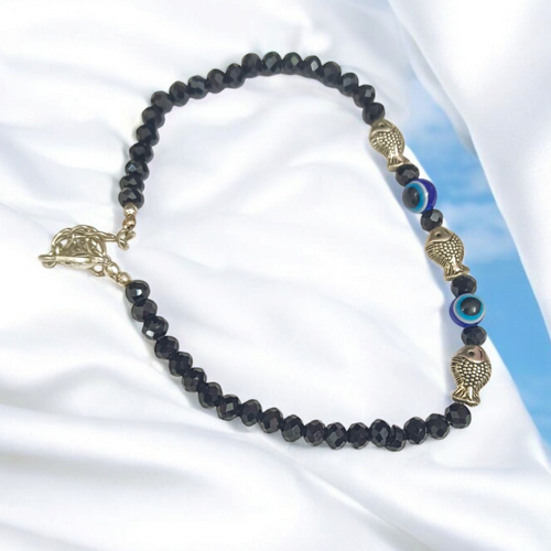 Black Crystal Beads Anklet With Evil Eye & Fish Symbol – Unisex Spiritual Jewelry