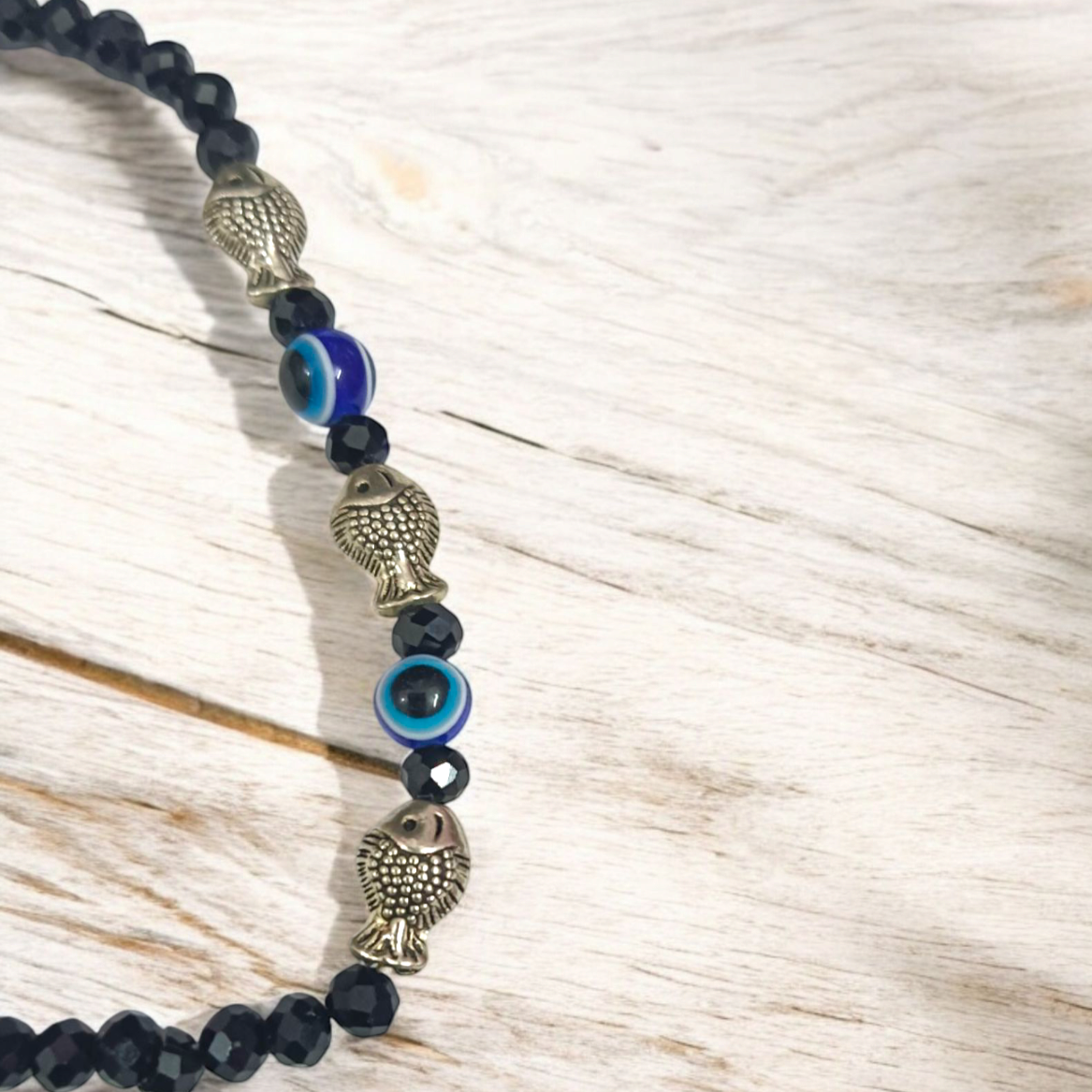 Black Crystal Beads Anklet with Evil Eye and Fish Symbol for Unisex
