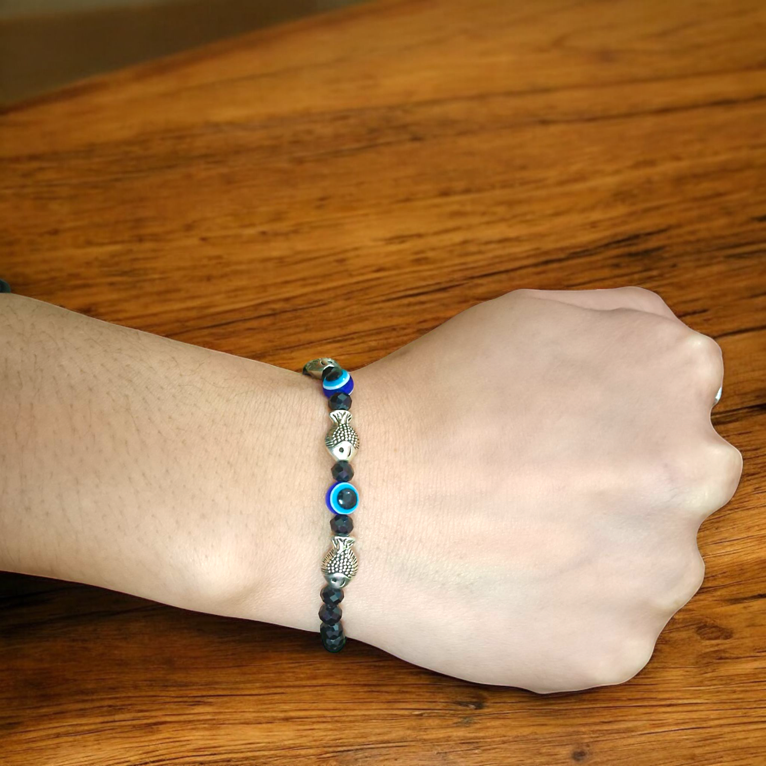 Black Crystal Beads Anklet with Evil Eye and Fish Symbol for Unisex