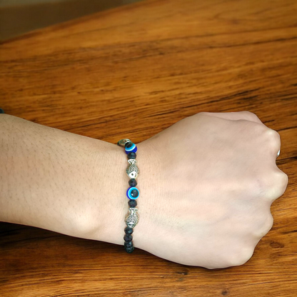 Black Crystal Beads Anklet with Evil Eye and Fish Symbol for Unisex