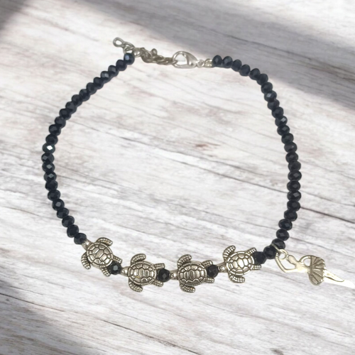 Black Crystal Beads Anklet with Evil Eye & Tortoise Symbol – Unisex Spiritual Jewelry
