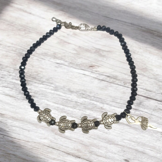 Black Crystal Beads Anklet with Evil Eye and Tortoise Symbol for Unisex