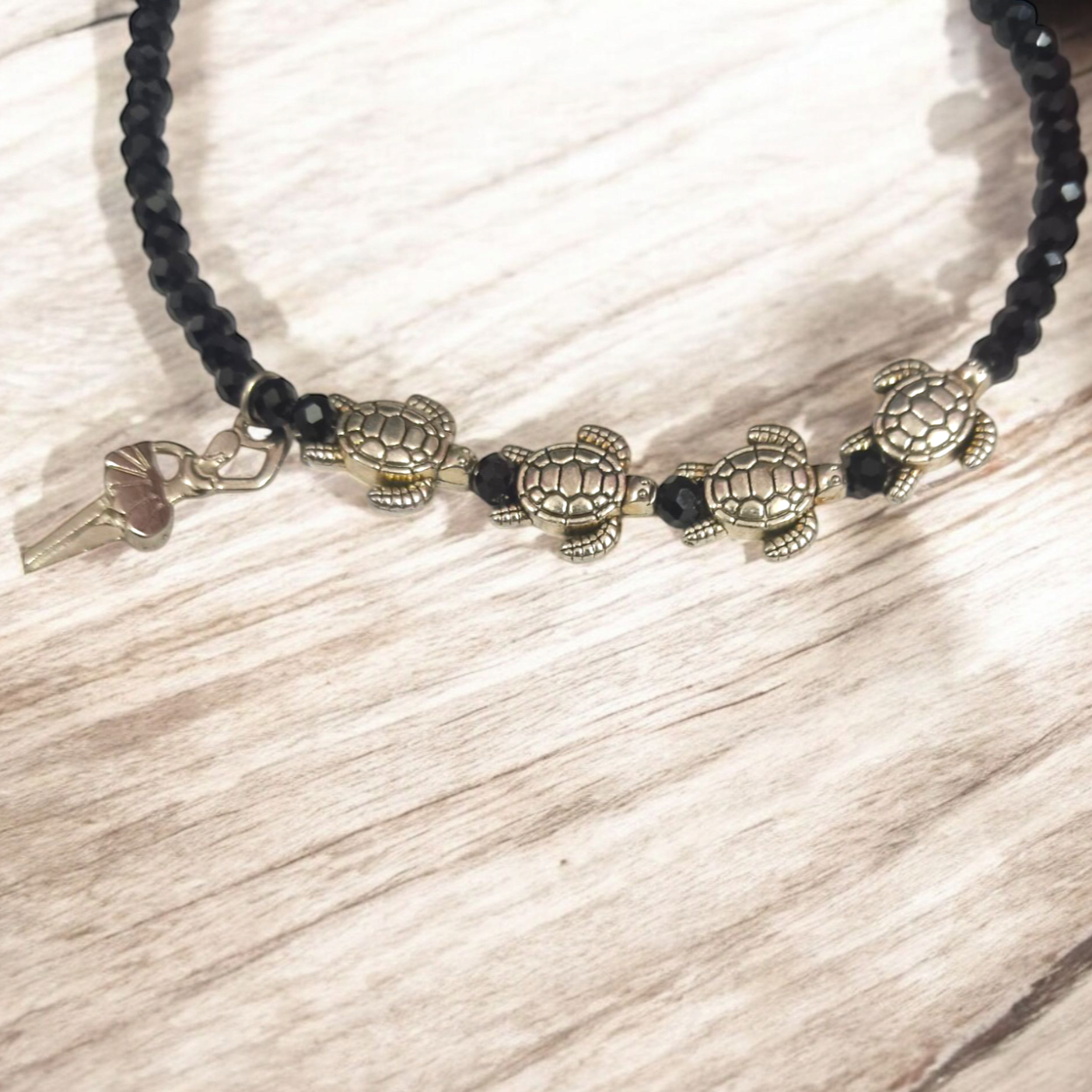 Black Crystal Beads Anklet with Evil Eye and Tortoise Symbol for Unisex