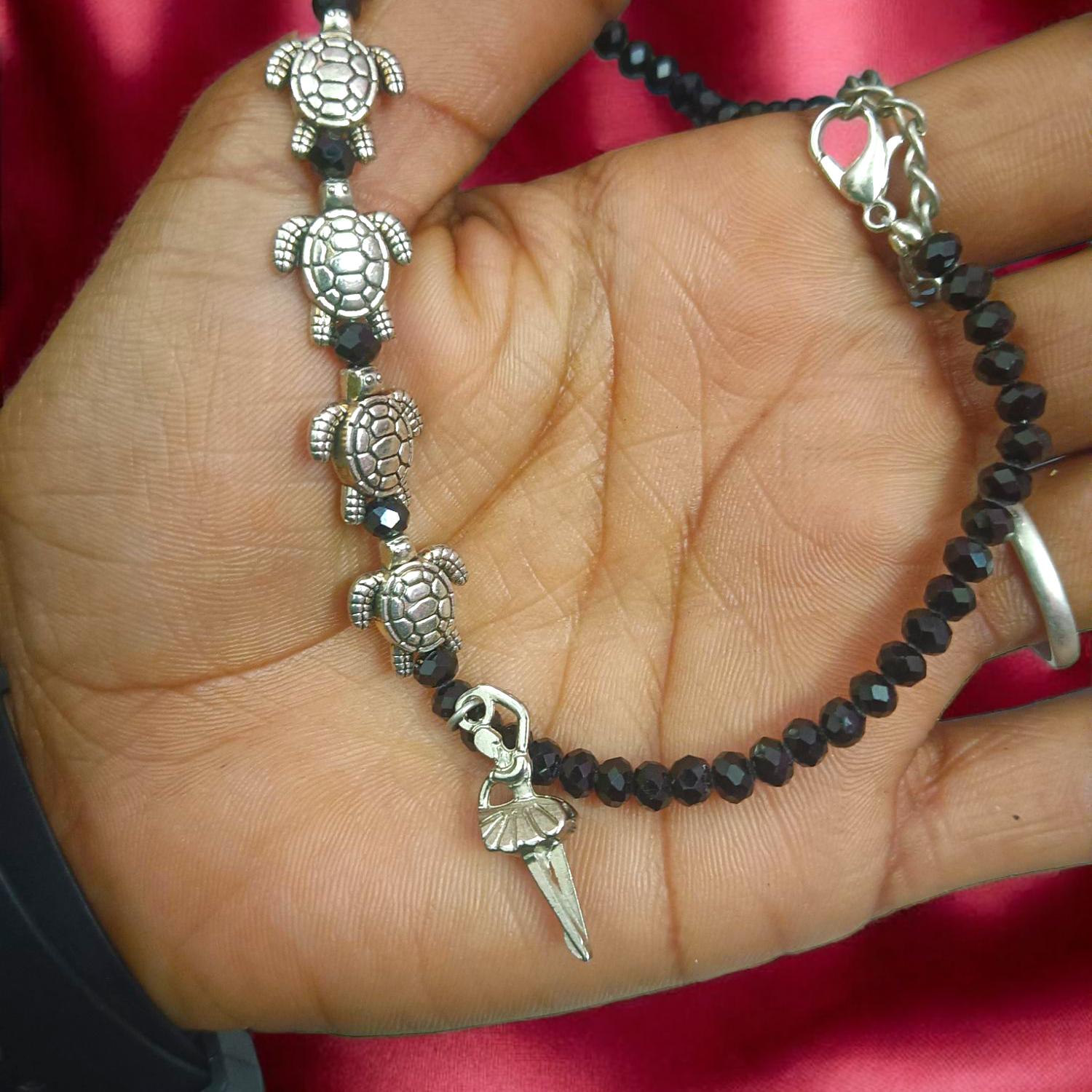 Black Crystal Beads Anklet with Evil Eye and Tortoise Symbol for Unisex