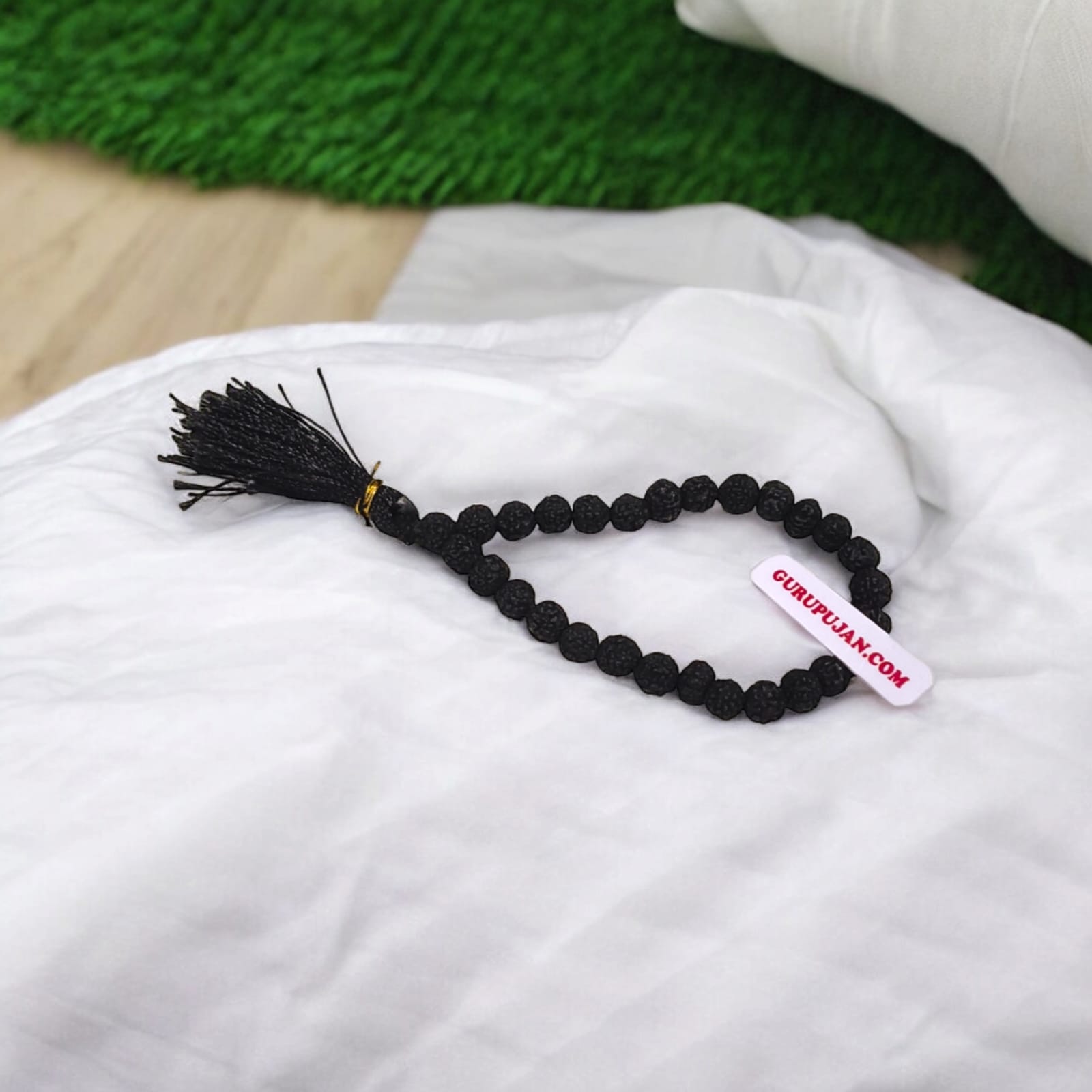 Black Rudraksha Mala 27+1 Beads, 6MM 5 Mukhi Rudraksha Jaap Mala by Gurupujan, ideal for chanting and meditation while traveling or at work.