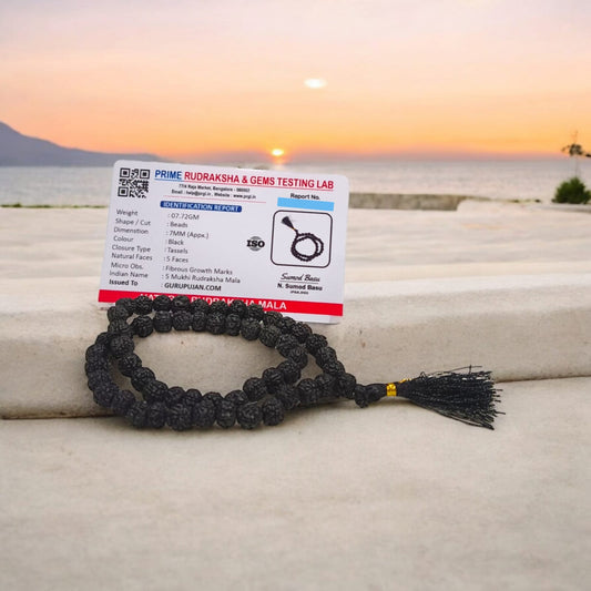 Black Rudraksha Mala 54+1 beads, also called Kaali Rudraksha ki Mala, featuring 7MM beads, lab certified, perfect for jaap and meditation.