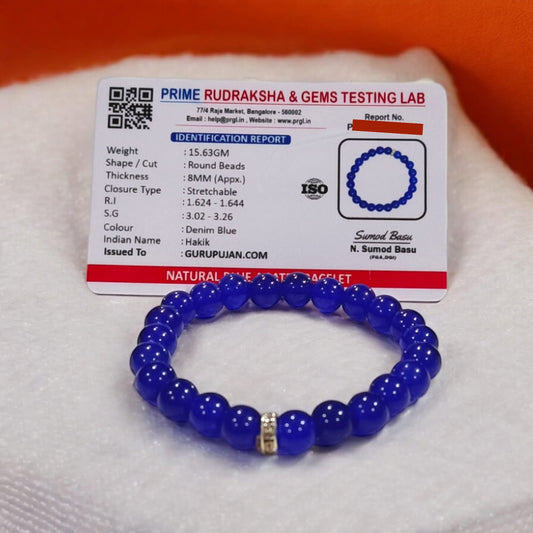Blue Agate Bracelet with 8MM natural beads, lab certified, stretchable design, promoting calmness, communication, and emotional stability.