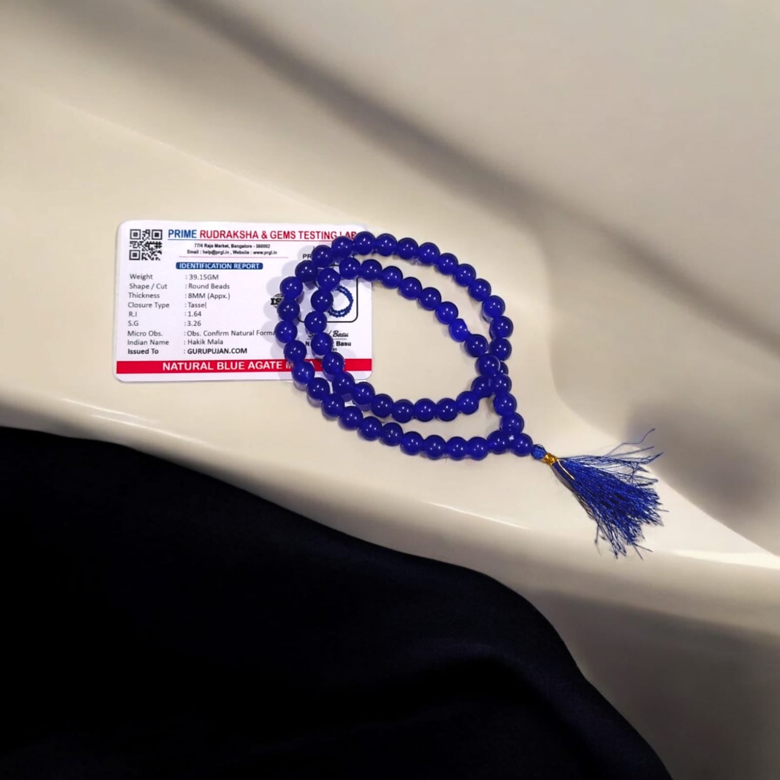 Blue Agate Mala 54+1 beads, also known as Blue Hakik Mala, with 8MM beads, lab certified, perfect for jaap, meditation, and daily wear.