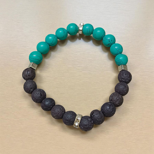 Blue Turquoise & Lava Bracelet  – Stretchable Spiritual Jewelry for Puja & Meditation